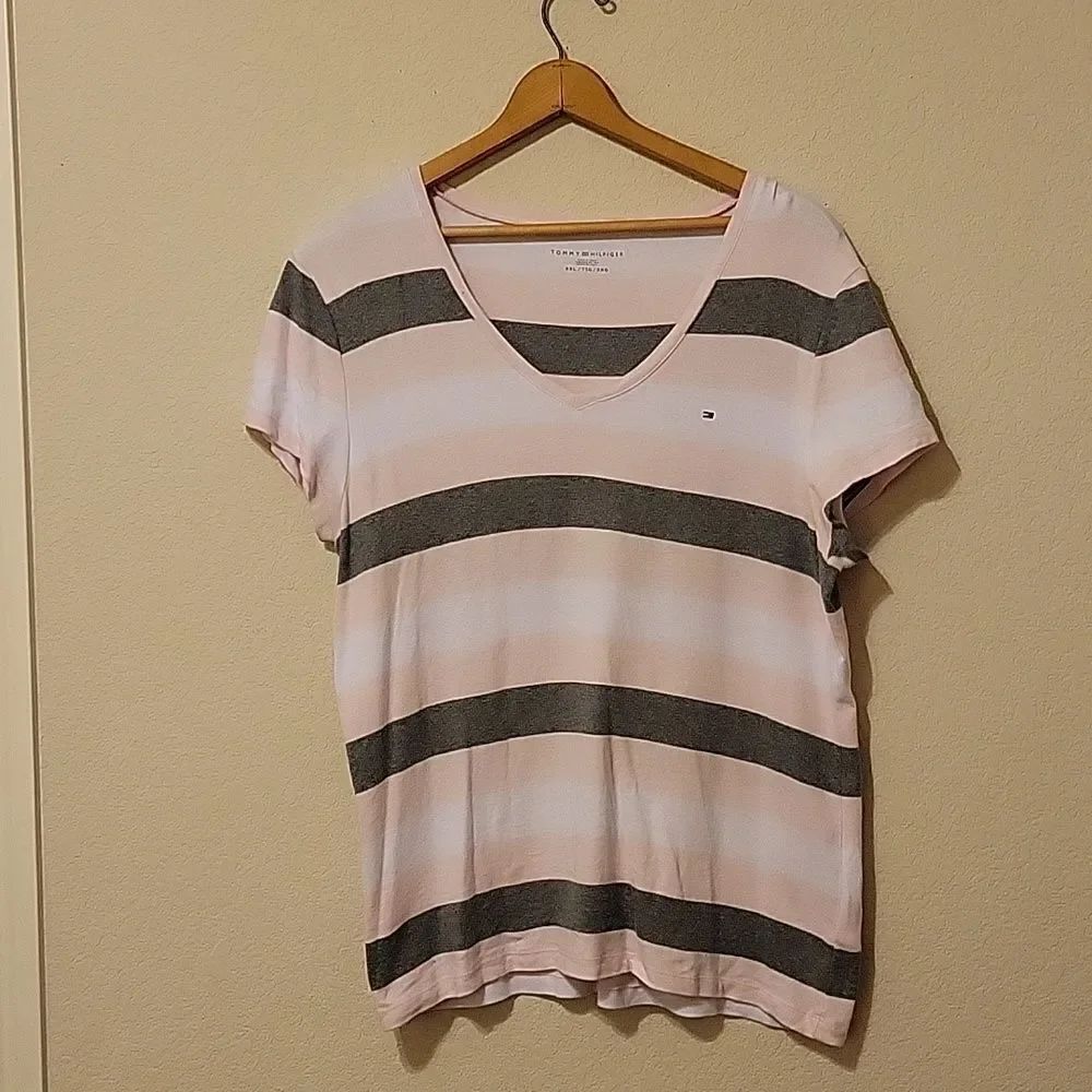 Tommy Hilfifer pink,white & gray striped short sleeve shirt CLEARANCE